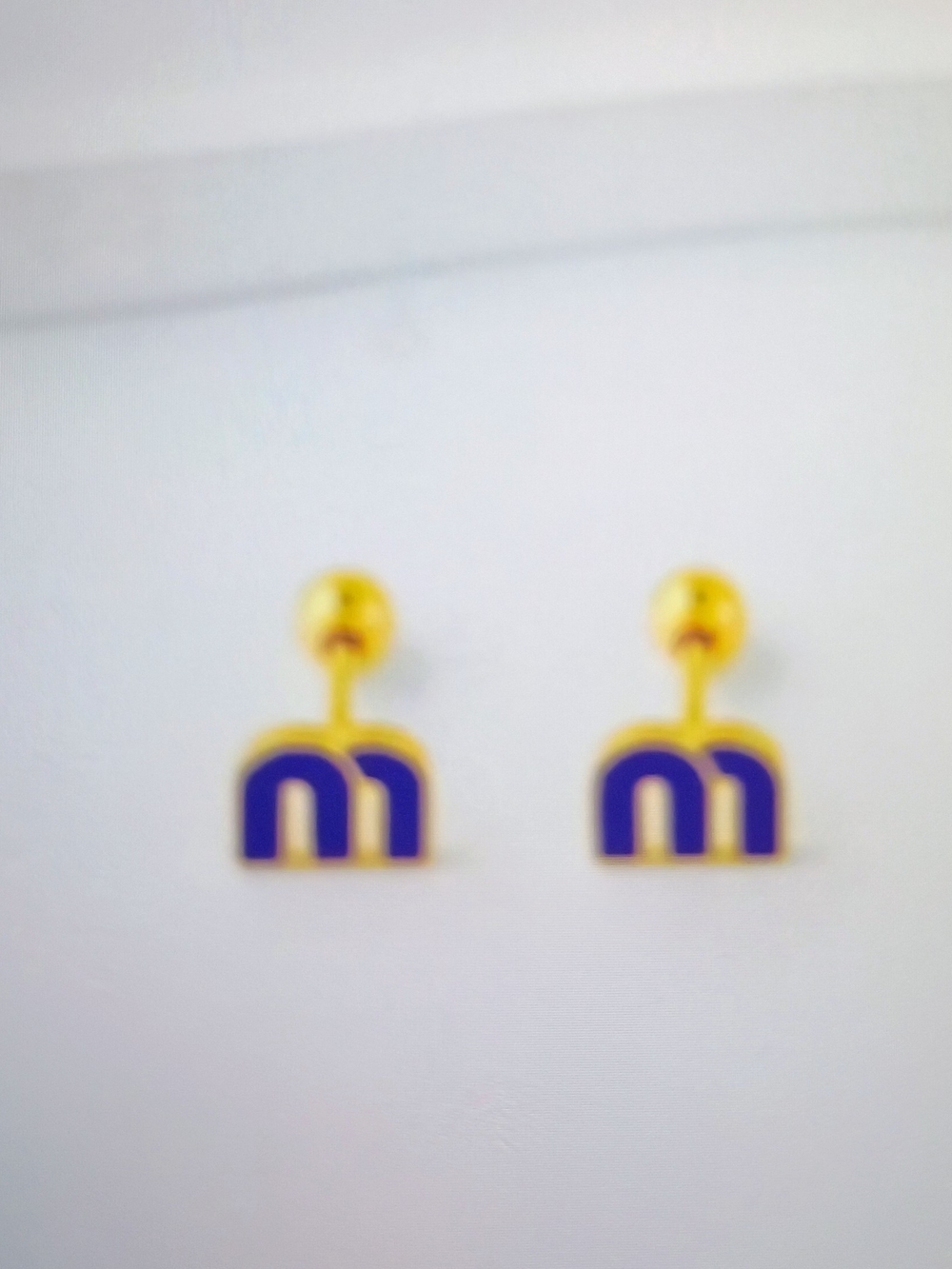 Gold Tone Earrings with Blue Enamel 'M' Charm